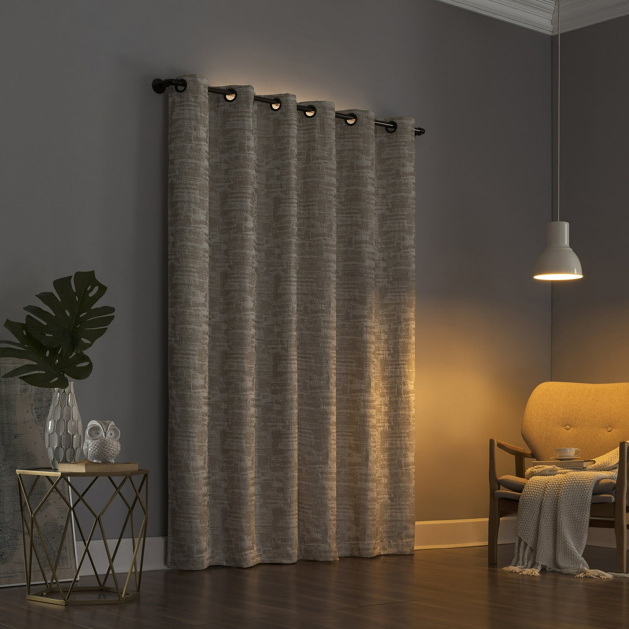 Sun Zero Parrish Distressed Grid Thermal Extreme 100% Blackout Grommet Curtain Panel In Stone Sun Zero Parrish Distressed Grid Thermal Extreme 100% Blackout Grommet Curtain Panel In Stone